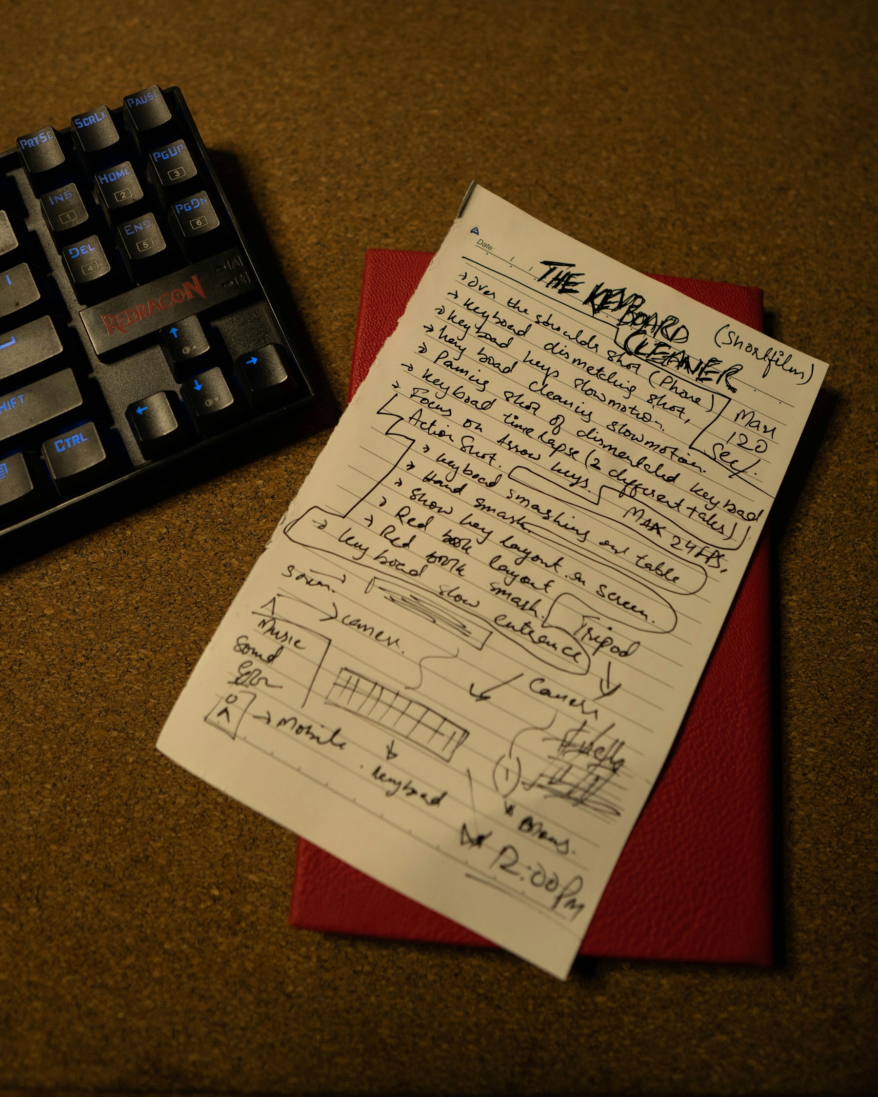 Draft notes beside a computer keyboard.